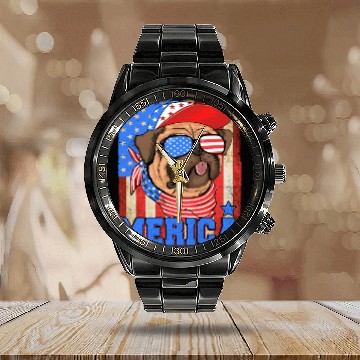 Discover Funny Merica Retro Flag Us American Bulldog Calendar Steel Band Watch
