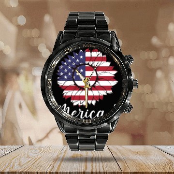 Discover Merica Sunflower Usa Flag Calendar Steel Band Watch