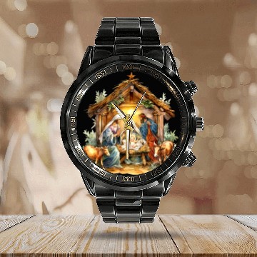 Discover Nativity scene with Mary Joseph Baby Jesus Calendar Steel Band Watch