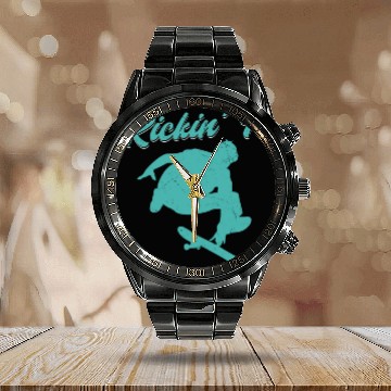 Discover Kickin' it Old School Skateboarding Skater Skatebo Calendar Steel Band Watch