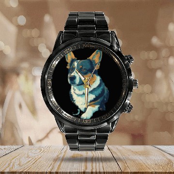Discover Tri coloured Corgi in van gohs starry night ill 1 Calendar Steel Band Watch