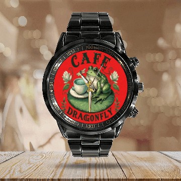 Discover Cafe Dragonfly: Whimsical Serene Frog on Lily Pad Calendar Steel Band Watch