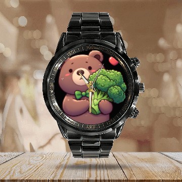Discover Bear in love hugs huge broccoli Calendar Steel Band Watch
