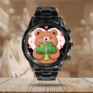 Discover Bear in love hugs huge broccoli Calendar Steel Band Watch