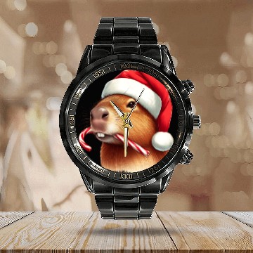 Discover Festive capybara with candy cane Calendar Steel Band Watch
