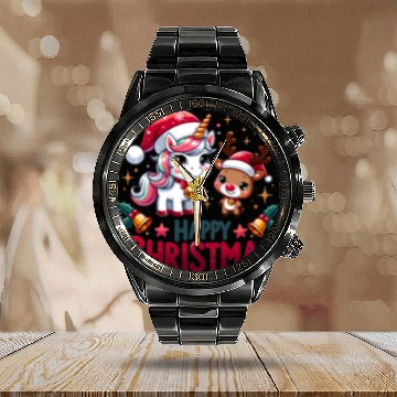 Discover Cheerful Unicorn & Reindeer - Merry Christmas Calendar Steel Band Watch