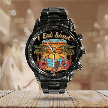Discover 60s Psychedelic I Eat Sand and Sunrise Beach Calendar Steel Band Watch