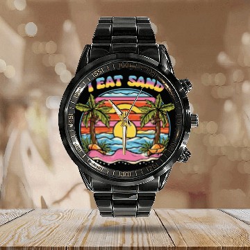 Discover 60s Groovy I Eat Sand and Sunset Beach Calendar Steel Band Watch