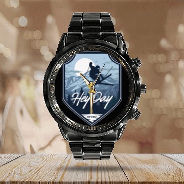 Discover Skiing Free Style logo. By "Hey Day" Calendar Steel Band Watch