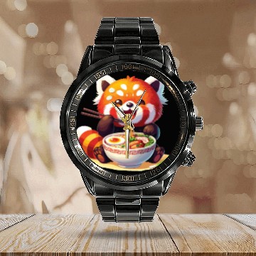 Discover Cute Red Panda Eats Ramen Noodles Red Panda Calendar Steel Band Watch
