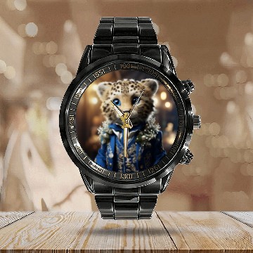 Discover Cute Cheetah Cub Blue Eyes Tuxedo Cat Calendar Steel Band Watch