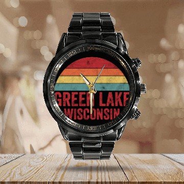 Discover Vintage Green Lake Wisconsin Calendar Steel Band Watch