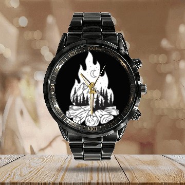 Discover Campfire with Mountain and Moon Calendar Steel Band Watch