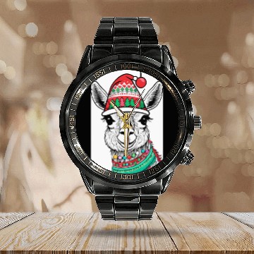 Discover Cute Llama with Christmas Hat Calendar Steel Band Watch