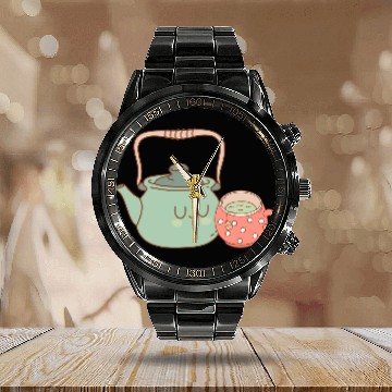 Discover Tea Kettle and Cup of Green Tea Calendar Steel Band Watch