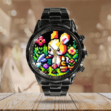 Discover 8-Bit Bunny Gardener: Retro Digital Garden Scene Calendar Steel Band Watch