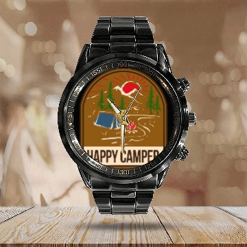 Discover Happy Camper Camping Campfire Tent Calendar Steel Band Watch