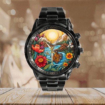 Discover Sunrise Serenity by the Mountain Stream Calendar Steel Band Watch