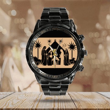 Discover Nativity Scene with Mary Joseph Baby Jesus Calendar Steel Band Watch