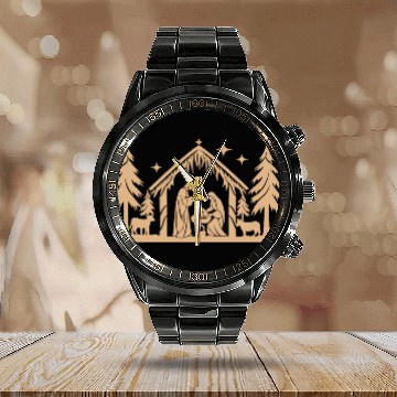 Discover Nativity Scene with Mary Joseph Baby Jesus Calendar Steel Band Watch