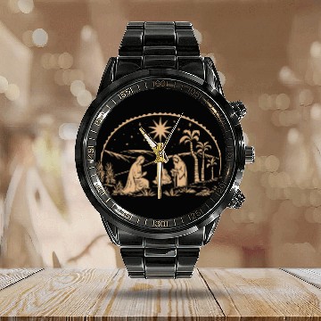 Discover Nativity Scene with Mary Joseph Baby Jesus Calendar Steel Band Watch