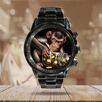 Discover Angry monkey with cucumber jar Calendar Steel Band Watch