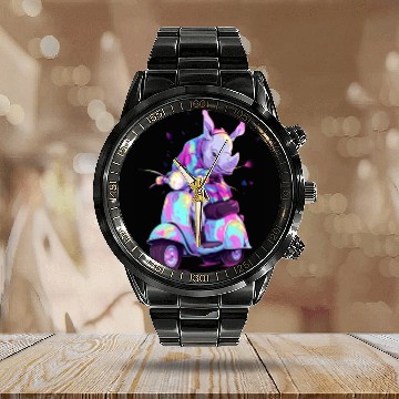 Discover Rhino Riding Scooter Funny Rhinoceros Biker Moped Calendar Steel Band Watch