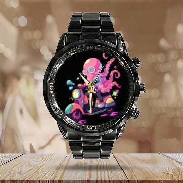 Discover Octopus Riding Scooter Funny Motor Biker Moped Calendar Steel Band Watch