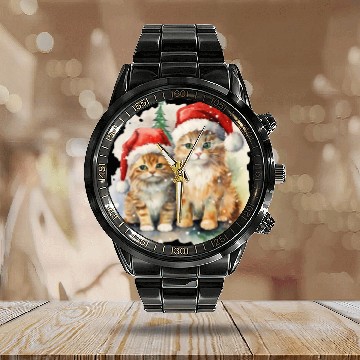 Discover Winter Christmas Red Cats with Santa Hats Calendar Steel Band Watch