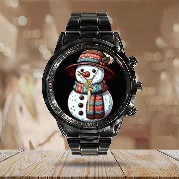 Discover Winter Wonderland: Charming Snowman Illustration Calendar Steel Band Watch