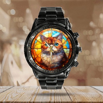 Discover Exotic Shorthair cat in stained glass Calendar Steel Band Watch