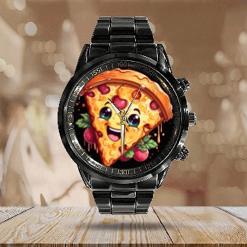 Discover A charming kawaii style pizza slice Calendar Steel Band Watch