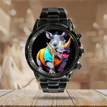 Discover A Cartoonish Rhinoceros in a Playful Pose Calendar Steel Band Watch