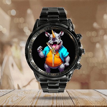 Discover A Cartoonish Rhinoceros in a Playful Pose Calendar Steel Band Watch