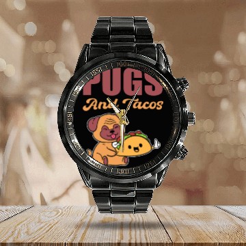 Discover Pugs and Tacos Hispanic Gift Calendar Steel Band Watch