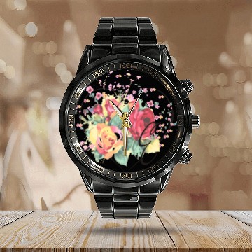 Discover Letter E Monogram Floral Roses Heart Calendar Steel Band Watch