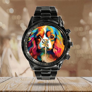 Discover Watercolor Colorful Cavalier King Charles Spaniel Calendar Steel Band Watch