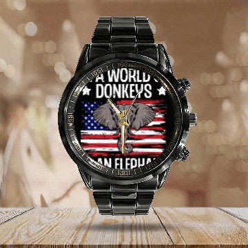 Discover In a World of Donkeys American Flag Elephant Calendar Steel Band Watch