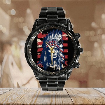 Discover Indian Native American Chief Feather Headdress Calendar Steel Band Watch