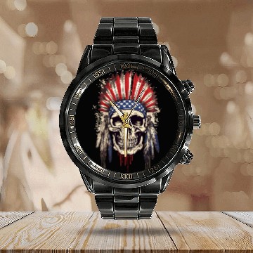 Discover Skull Indian Chief Native American USA Calendar Steel Band Watch