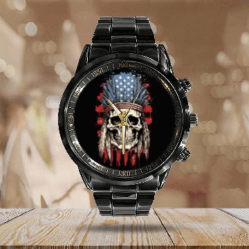 Discover Skull Indian Chief Native American USA Calendar Steel Band Watch