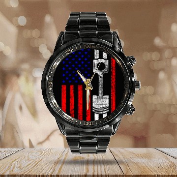 Discover American Flag Piston Muscle Car Patriotic Vintage Calendar Steel Band Watch