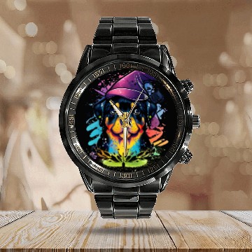 Discover Colorful Kawaii Rottweiler Wizard Calendar Steel Band Watch