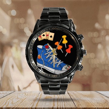 Discover Classic Shoes With Pins And Card Poker Calendar Steel Band Watch