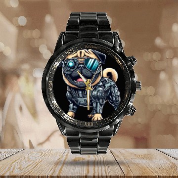Discover Pug Cyborg - Bionic Robot Dog Calendar Steel Band Watch