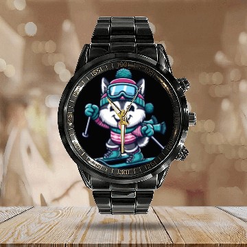 Discover Husky on Skis - Funny Comic Winter Sports Calendar Steel Band Watch