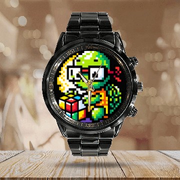 Discover Rubik's Cube & Pixel Turtle - A Brainy Challenge Calendar Steel Band Watch