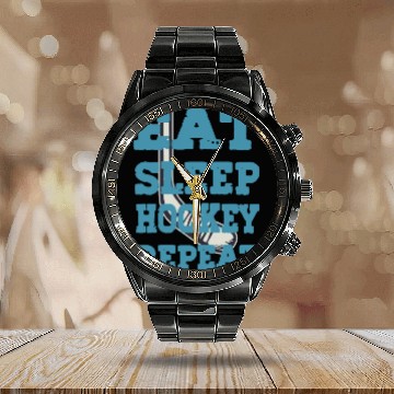 Discover Eat Sleep Hockey Repeat funny retro vintage Calendar Steel Band Watch