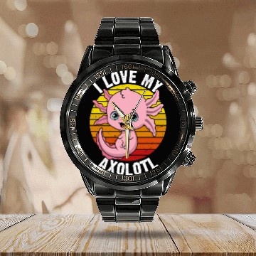 Discover I Love My Axolotl in Retro Calendar Steel Band Watch