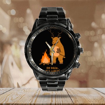 Discover Deer camp fire hiking funny animal puns joke lover Calendar Steel Band Watch
